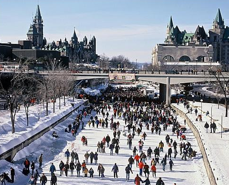 Skaters on the Rideau Canal in Ottawa, ON in winter