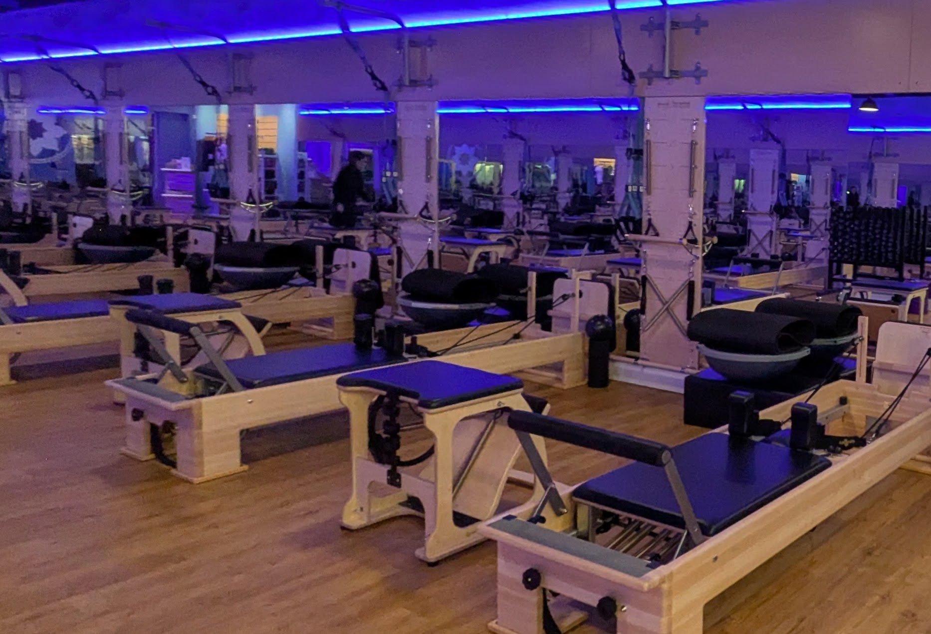 Pilates reformer, chair and springboard.