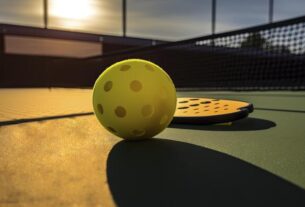 pickle ball ball and racket on a court